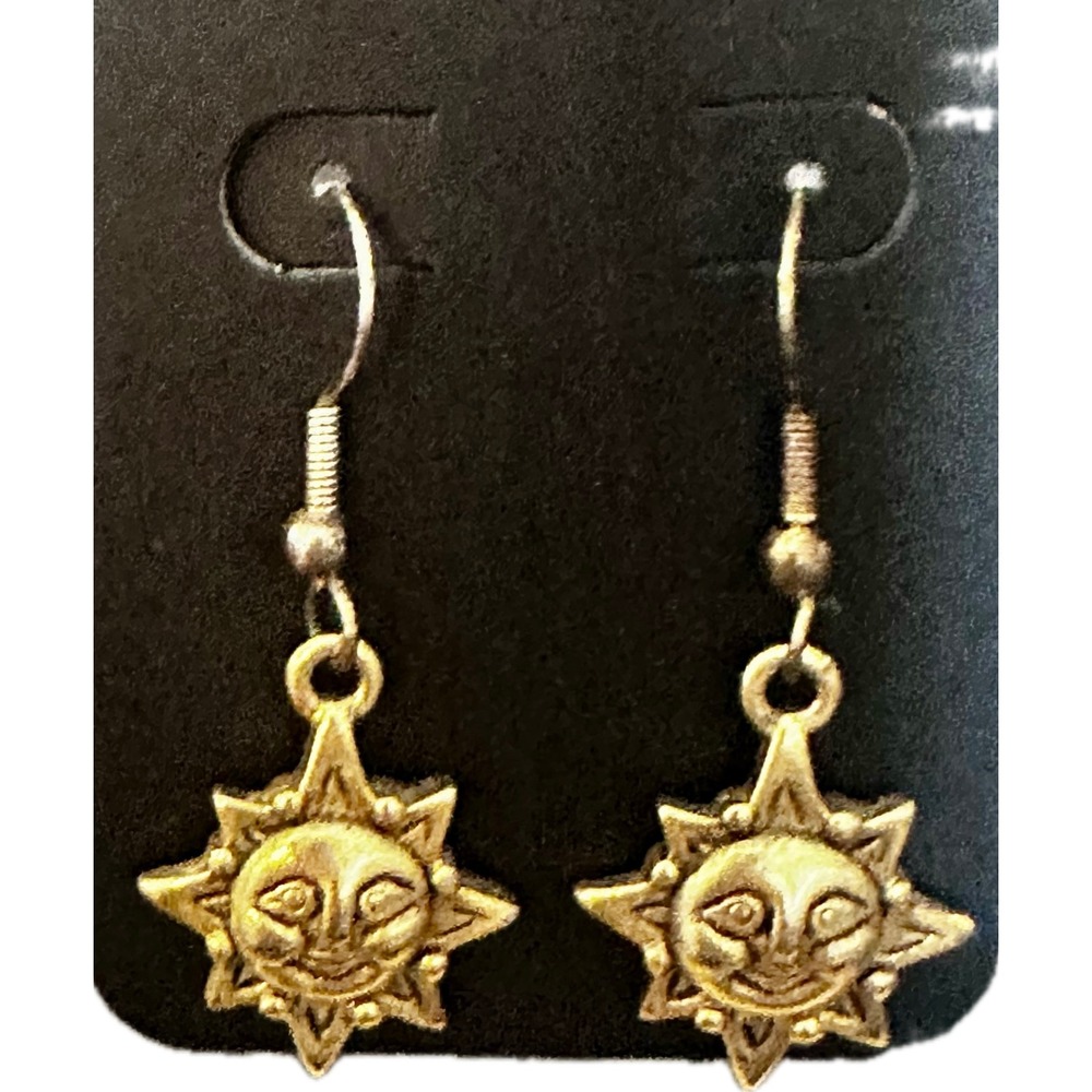 Gold Tone Celestial Sun Face Drop Earrings French Wire Bohemian Jewelry - Picture 3 of 3